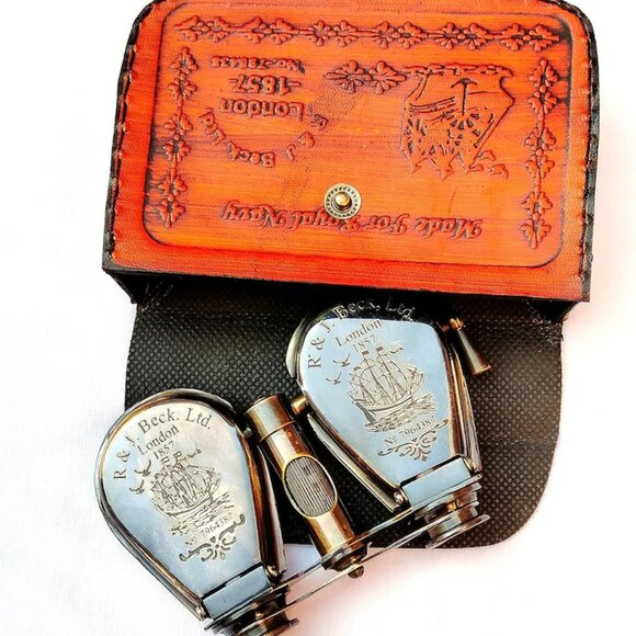 Brass Binoculars with Leather Case Antique Reproduction Nautical Spyglass - Picture 2 of 7